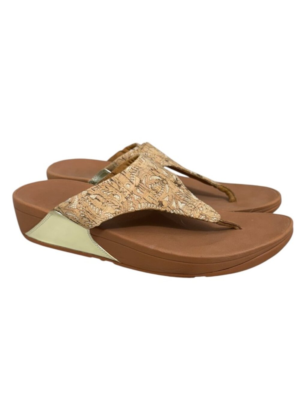 Fitflop Lulu Toe Thong Wedge Slip On Sandals Cork Floral Gold Women's Size 11
